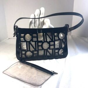 Vintage Celine Translucent Black Patent Leather Laser Cut Out Logo Shoulder Bag